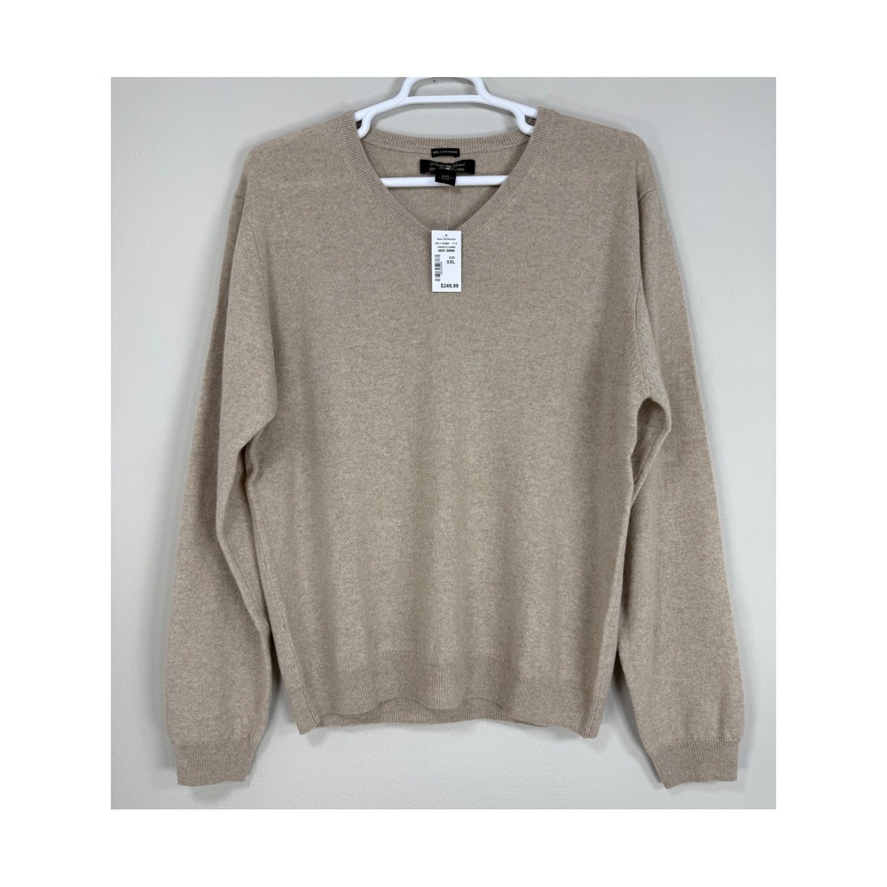 NWT Mens 100% Cashmere V-Neck Sweater XXL Beige Oatmeal Luxury Classic Premium